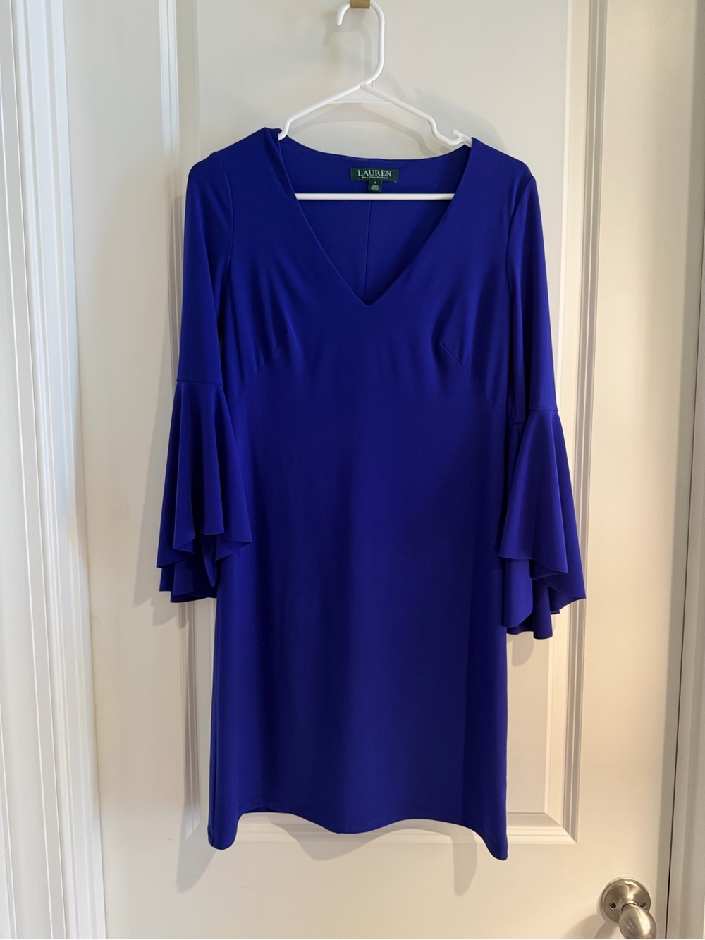 Ralph Lauren Royal Blue V-Neck Dress with Tiered Bell Sleeves